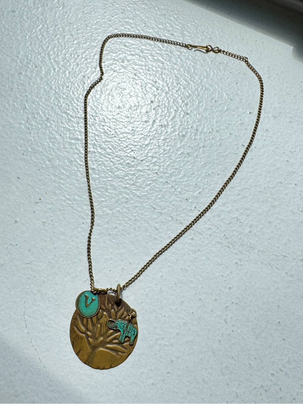 Boho Elephant Charm Pendant Necklace – Removable Initial “V”